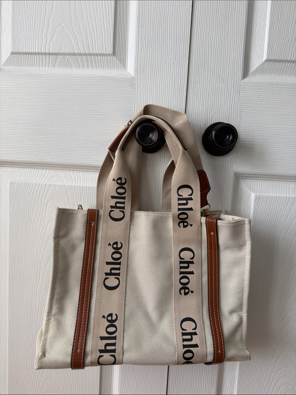 Chloé Logo Canvas Tote in Beige with Brown Trim